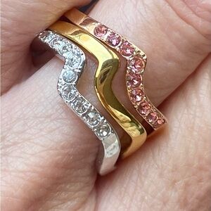 Elegant Touchstone Gold, Silver, and Pink Crystal Stacking Ring Set Size 10